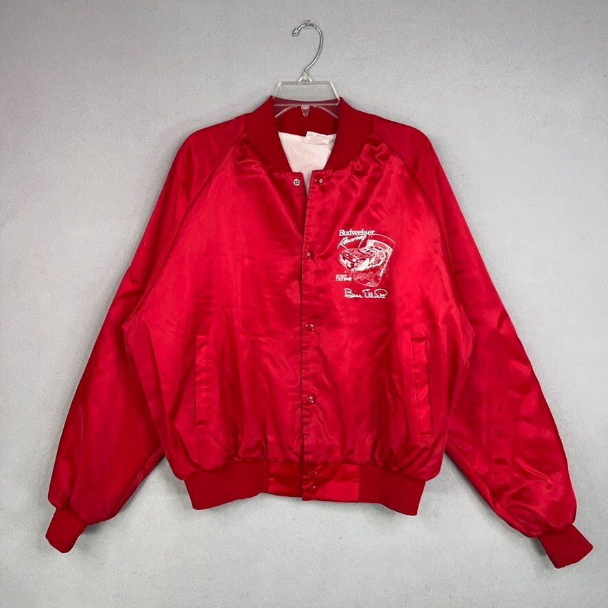 Vintage Bill Elliott Red Budweiser NASCAR Satin Bomber Jacket Mens XL