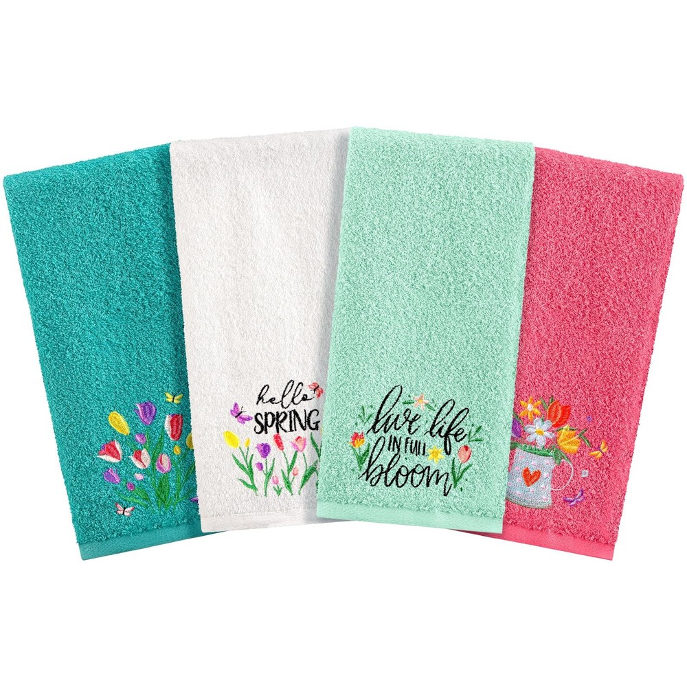 4 Pcs Spring Hand Towels Set Cotton Embroidered Kitchen Towels Bunny Eggs Flo...