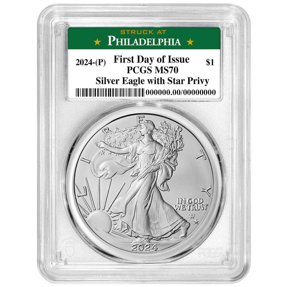 Presale - 2024 (P) $1 American Silver Eagle Star Privy PCGS MS70 FDOI Philade...-image