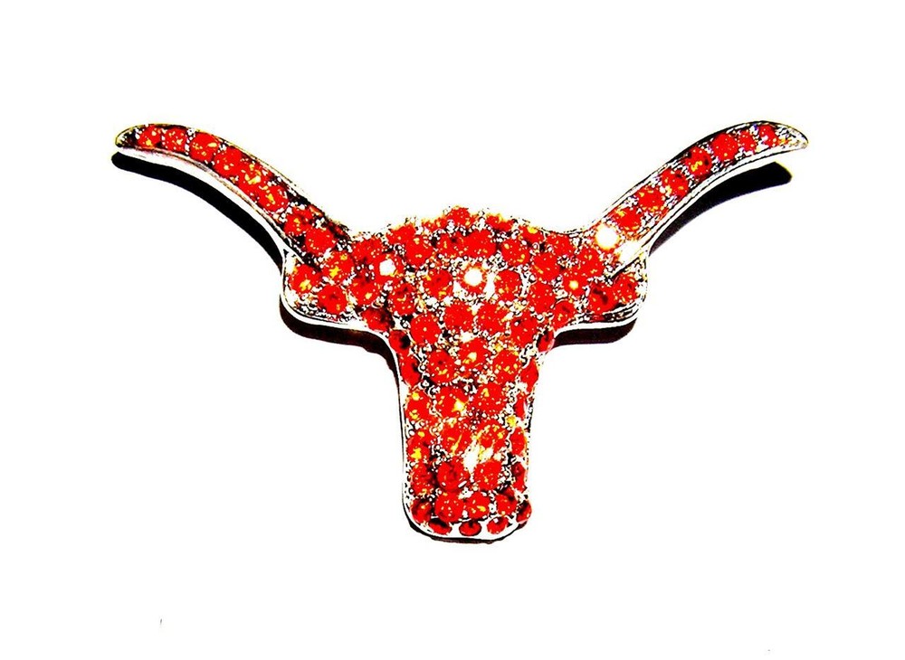BROOCH/PIN Western Look Cowgirl Cattle Bull Pave Set Orange RHINESTONE LONG HORN