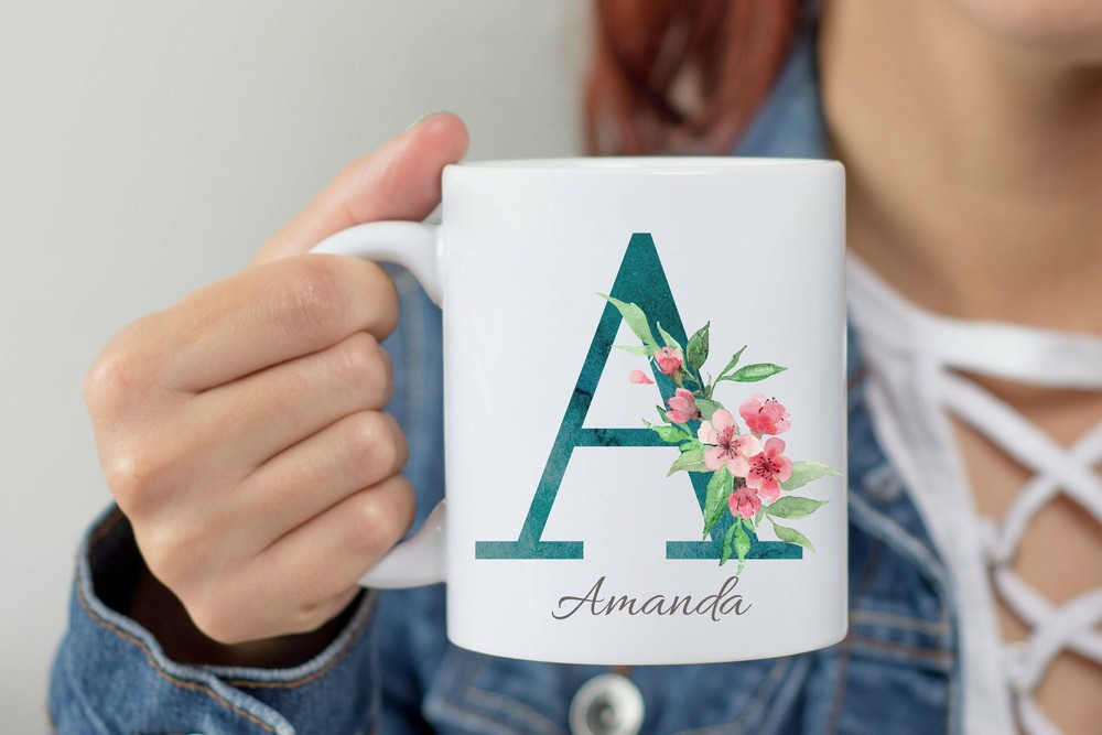 Personalized Monogram Initial Name Mug Floral/flower Alphabet Cup / Flower Gift