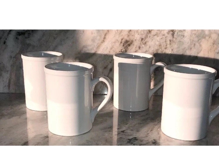 Royal Norfolk White Stoneware Coffee Mugs Dinnerware Cups-Set Of 4-RARE 4in Tall