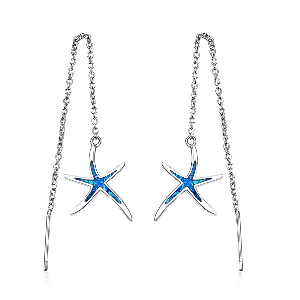 Starfish Earrings, 925 Sterling Silver with Opal Fish Hoops Earings, Nautical...