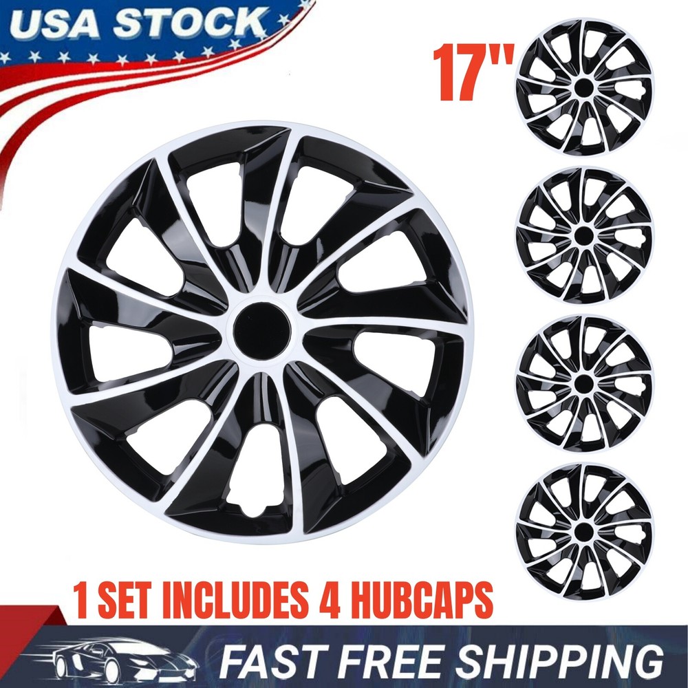 4PCS Universal 17” Hubcaps Snap On Car Truck ABS Sliver & Black Wheel Rim Covers