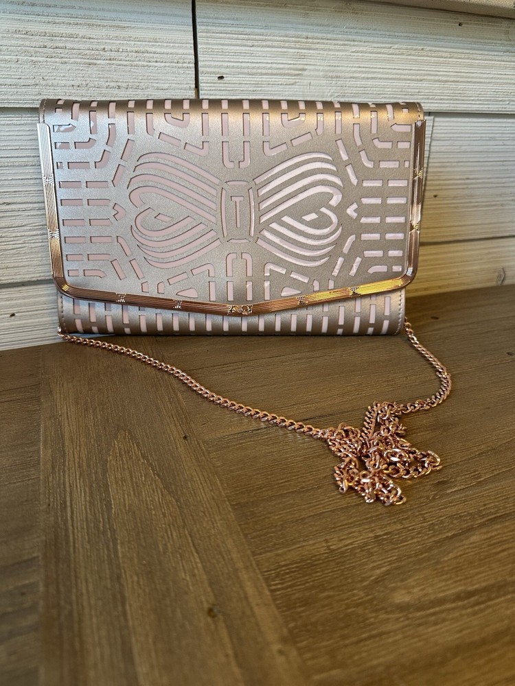 Ted Baker London Rose Gold Cutout Bow Clutch Handbag With Removable Chain