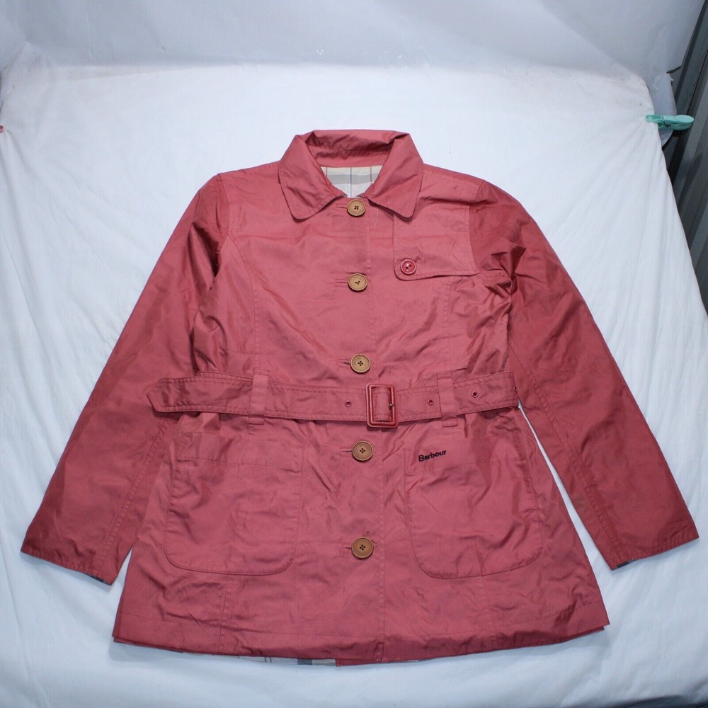 BARBOUR Dress Tartan Jacket Womens 10 Pink Belted Nylon Lightweight Reversible