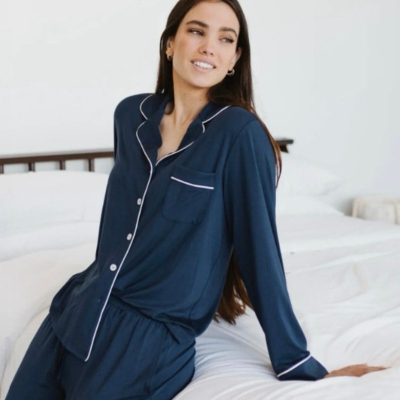 Cozy Earth Navy Bamboo Luxury Button Down Pajama Top in Size Large