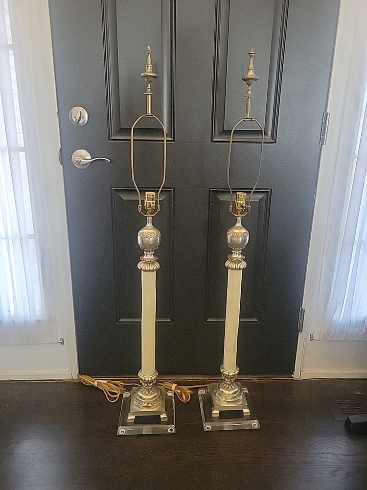 Pair Of Vintage Empire Boudoir Lucite Deco Column Table Lamps 49.75