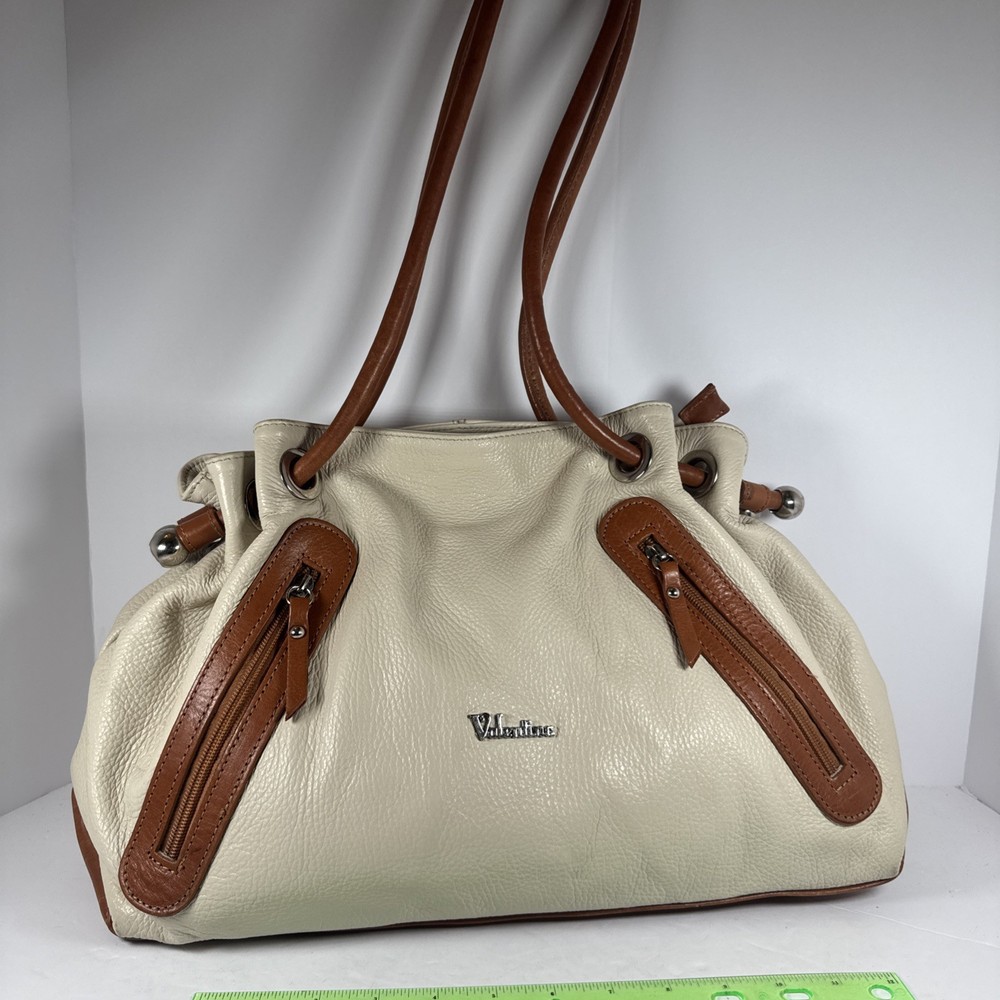 Valentina Beige & Cream Pebbled Leather Large Shoulder Bag Silver Accents GUC