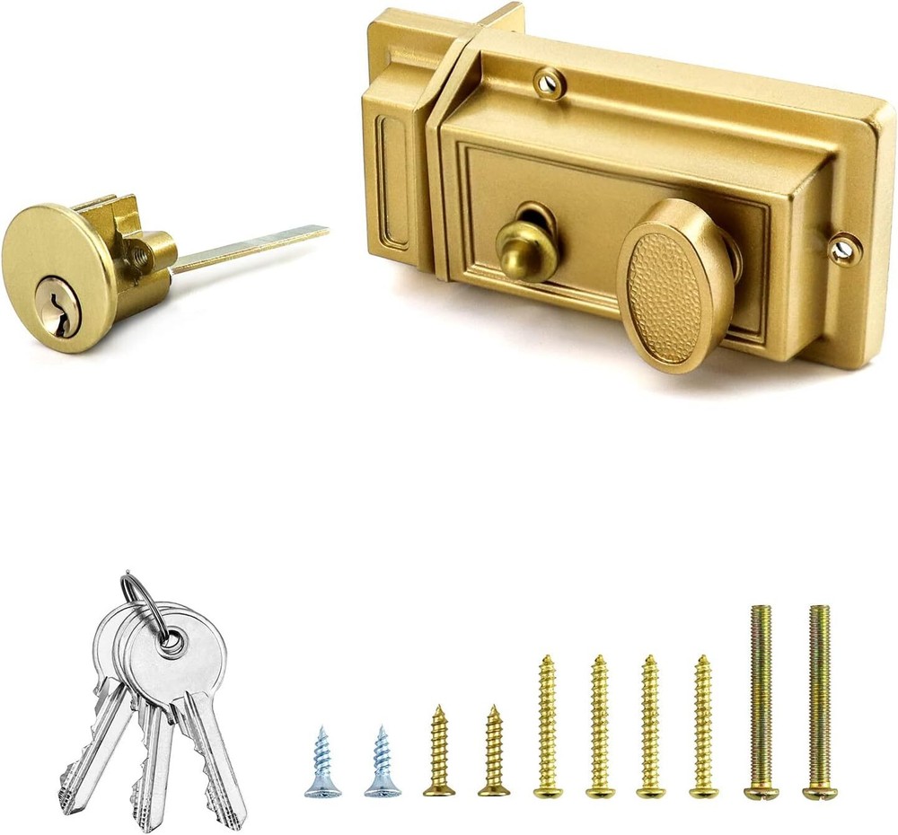 Antique Gold QWORK Night Latch Deadbolt Rim Lock with Keys