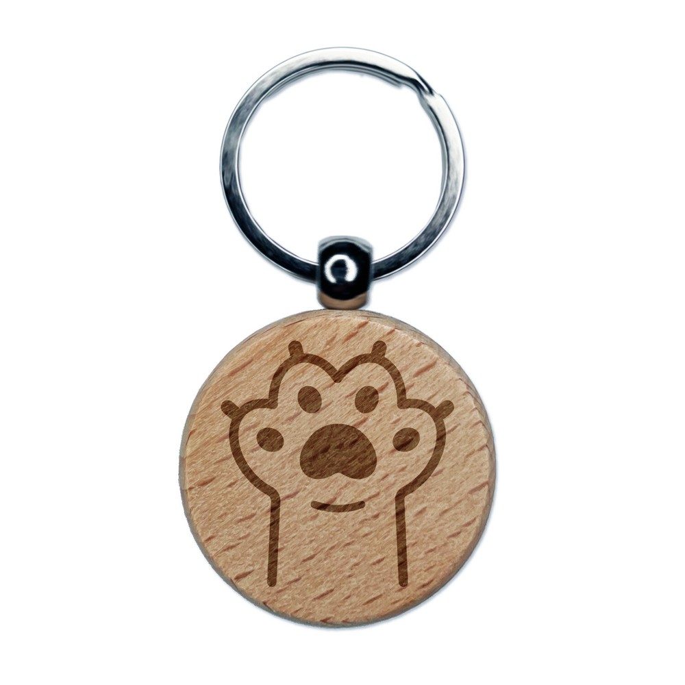 Outstretched Cat Paw Beans Engraved Wood Round Keychain Tag Charm