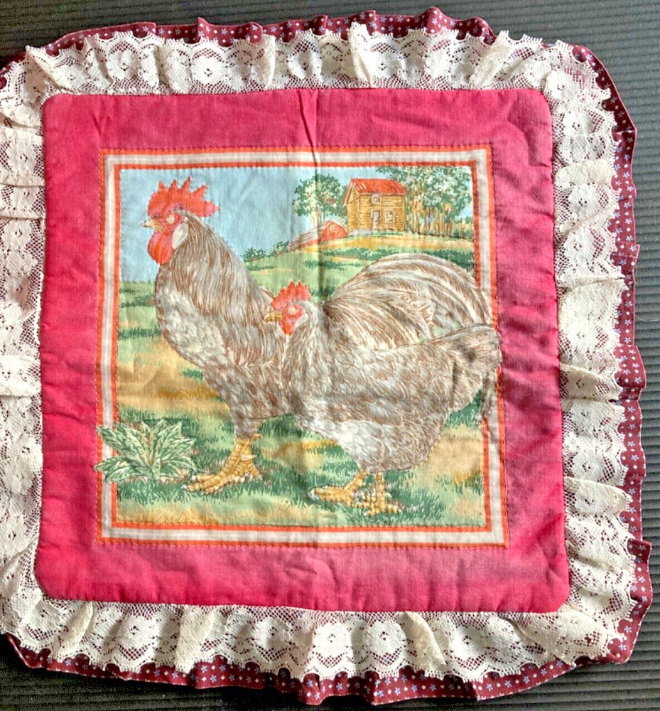 Vintage Farmhouse 14x14 Chicken Pillowcase with 2-Inch Lace Trim  