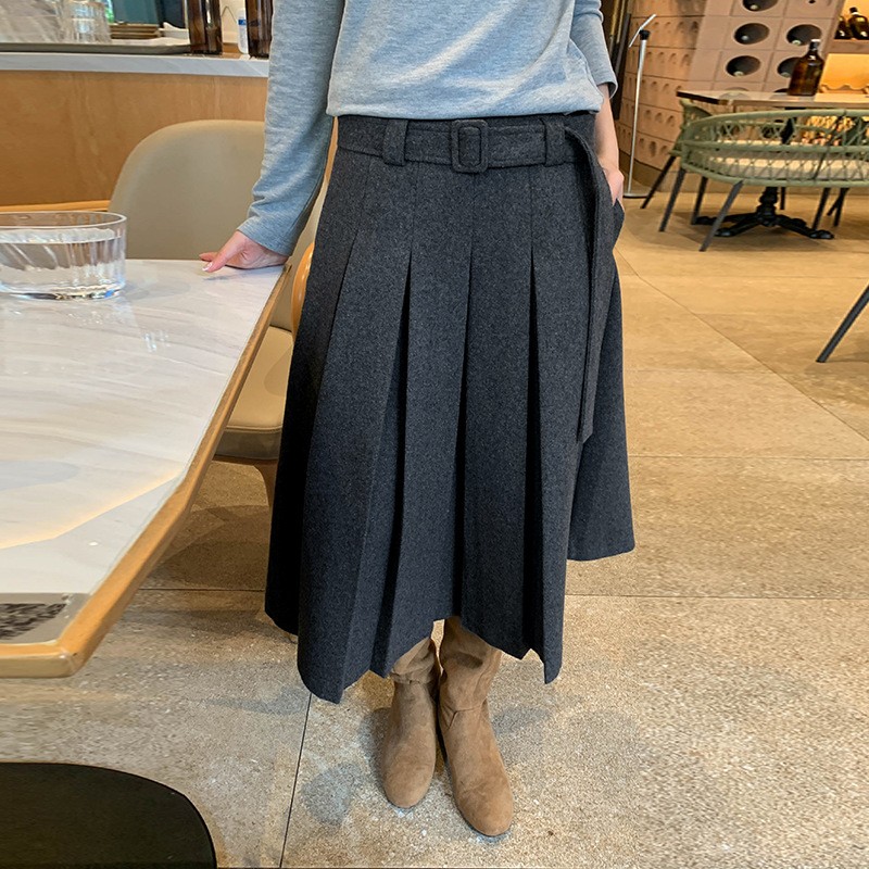 Winter Women's Casual Wool Skirt Korean High Waist Pleated Wool A-line Skirts