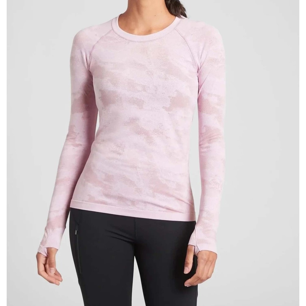 Athleta Momentum Camo LS Top Md Seamless Pink Yoga Tennis Prep Thumbholes 556390