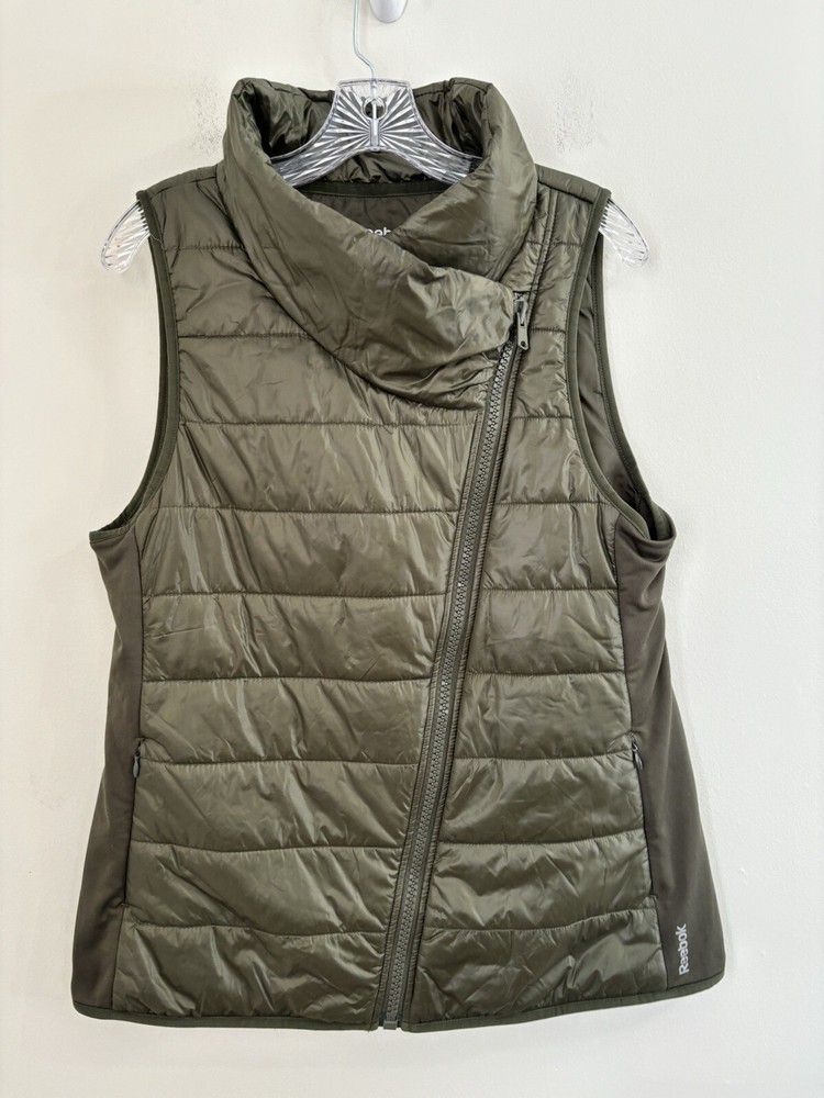 Reebok Womens Puffer Vest Full Angled Zip Size Large Olive Green
