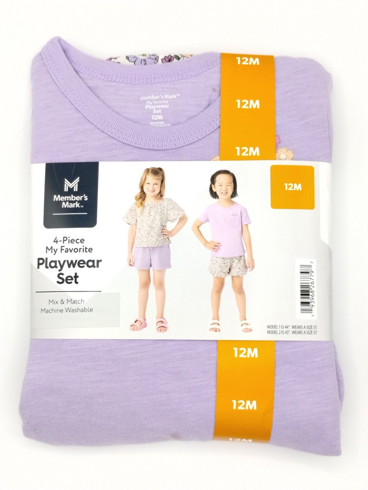 Members Mark 4-Piece Baby Playwear Set Size 12M Purple Beige Floral New-image