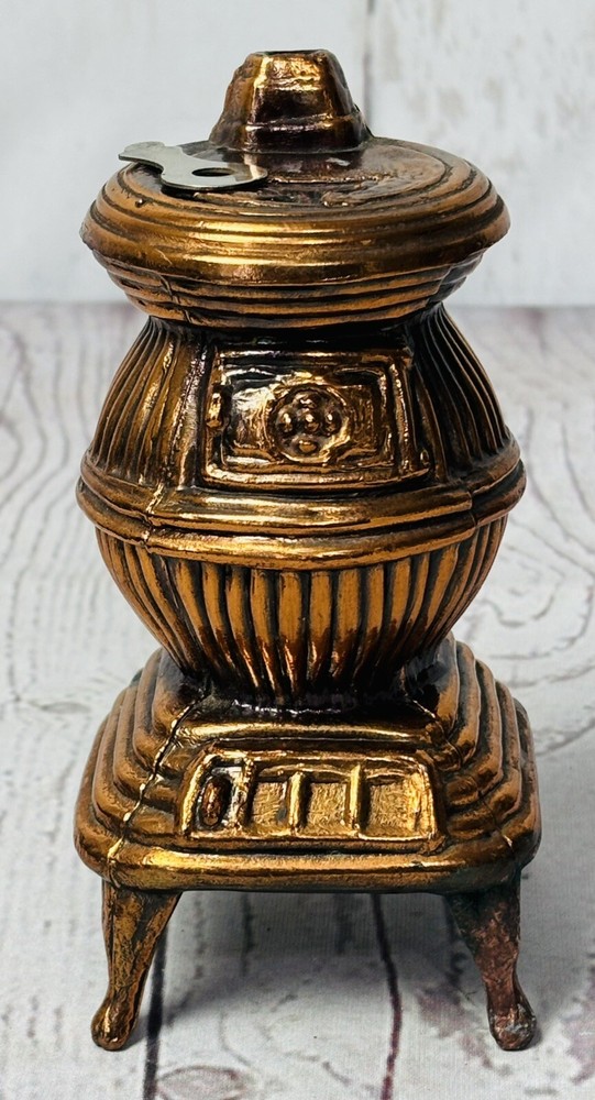 Vintage Copper Pot Belly Stove Coin Bank With Key  5.5” Tall