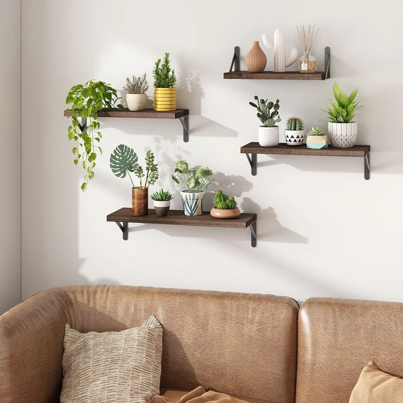 4-Pcs Solid Wood Floating Shelves with Metal Wall Mount Brackets,for Home,Office