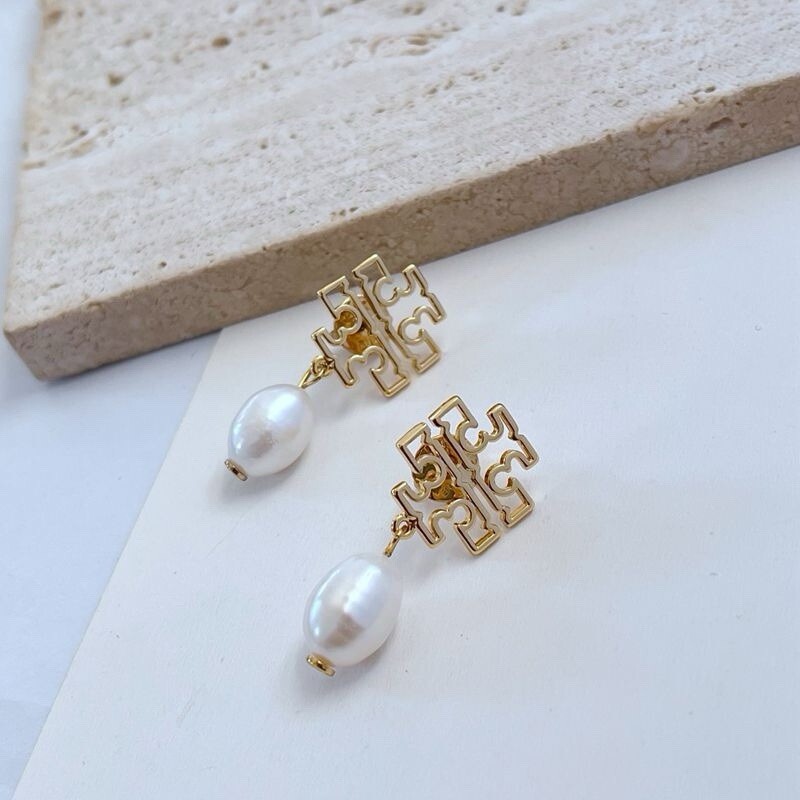 Tory Burch Classic DoubleT Pearl Drop Lady Classic Earrings
