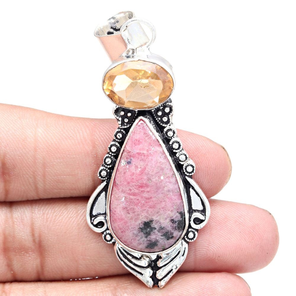 Rhodonite Citrine Gemstone Pendant Silver Jewelry Gift For Her 2.75 Inch