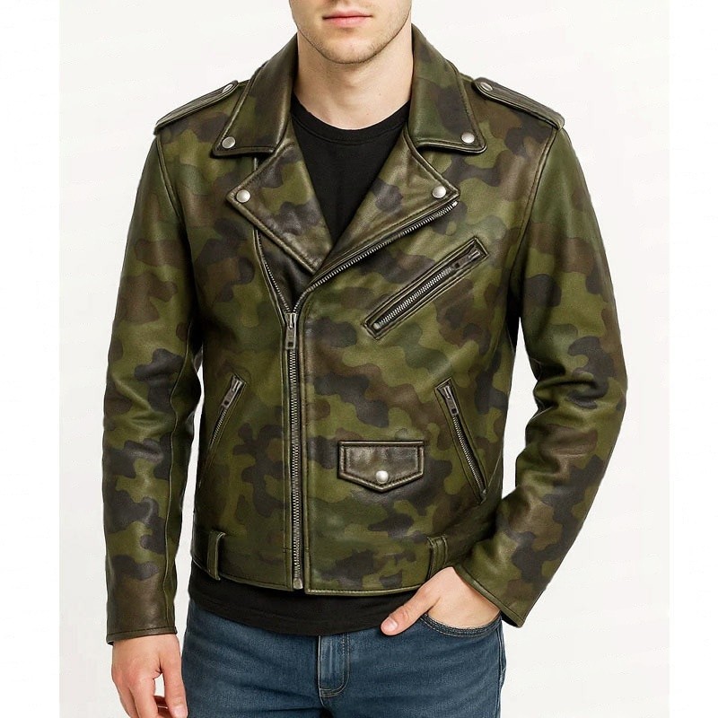 Men's Army Green Camo Biker Leather Jacket Motorcycle Coat