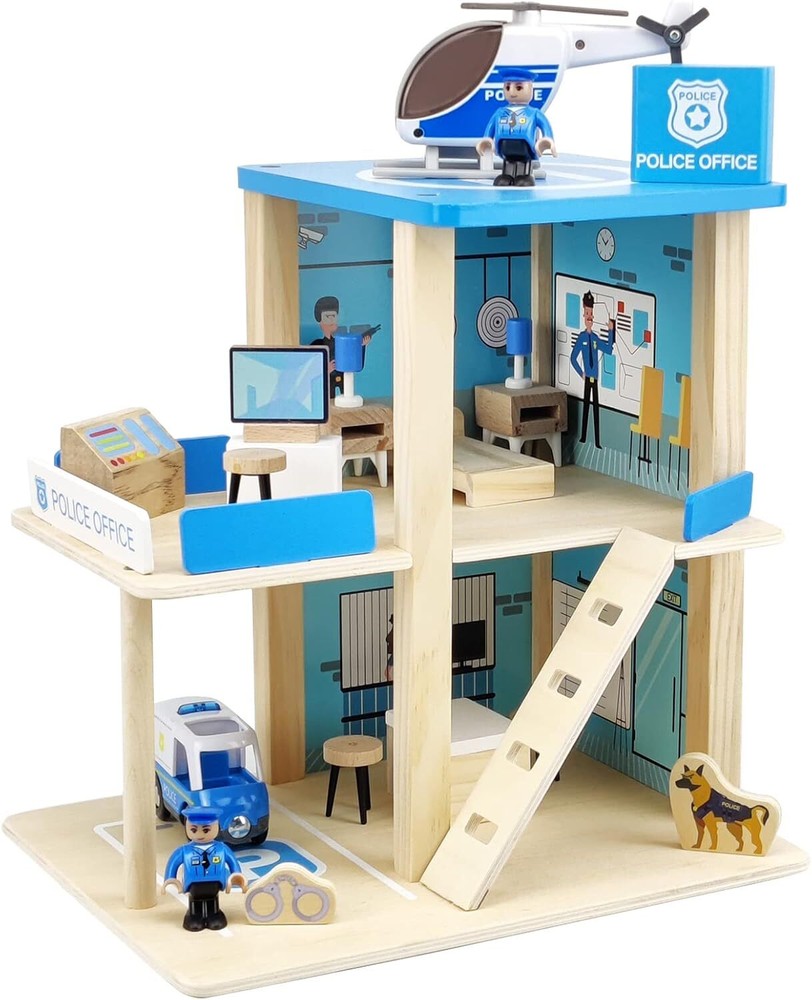 Wooden Police Station Playset Toy, Multicolor 3-Level Pretend Play Dollhouse...