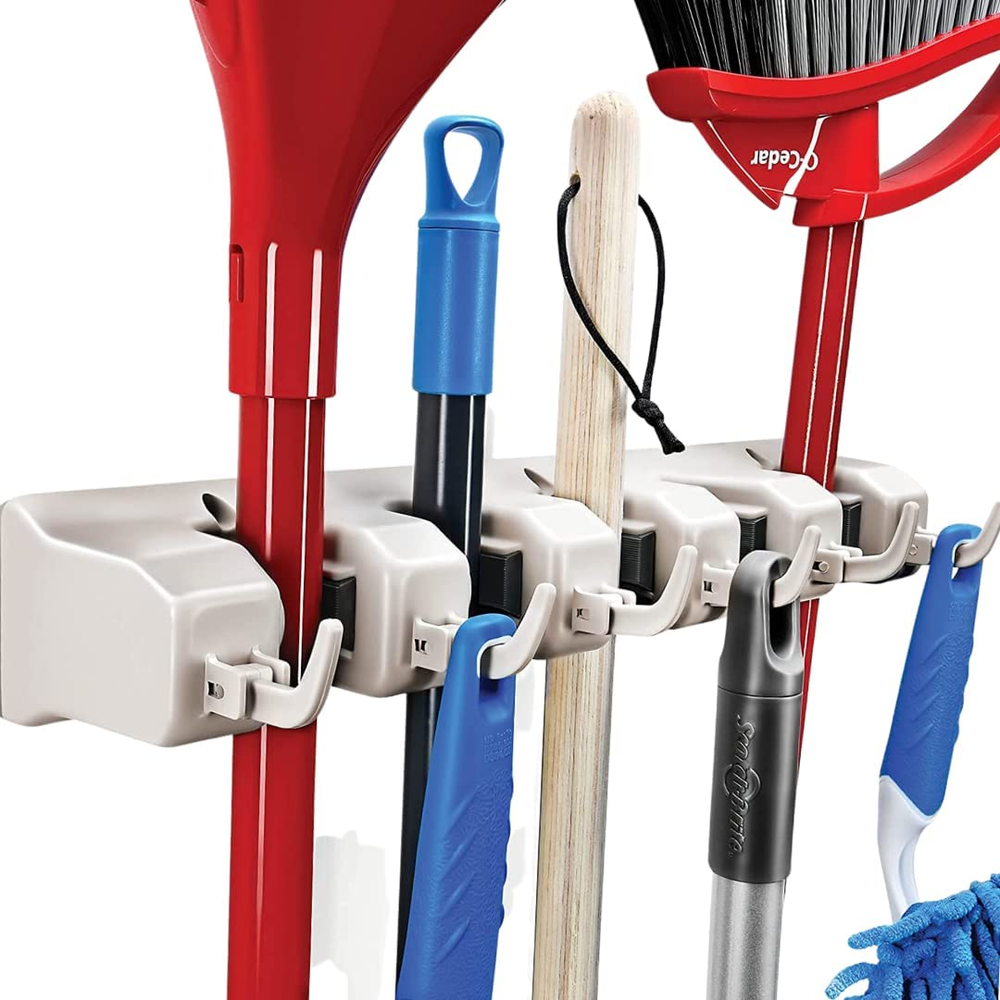 5-Position Wall Mount Mop Broom Holder Tool Rack Organizer for Garage Home
