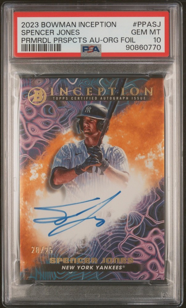 2023 Bowman Inception Spencer Jones Primordial Auto Orange #/25 PSA 10 🔥