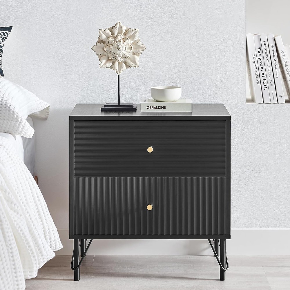 OCANDO 22 Inch Black Fluted Nightstand with 2 Drawers for Bedroom