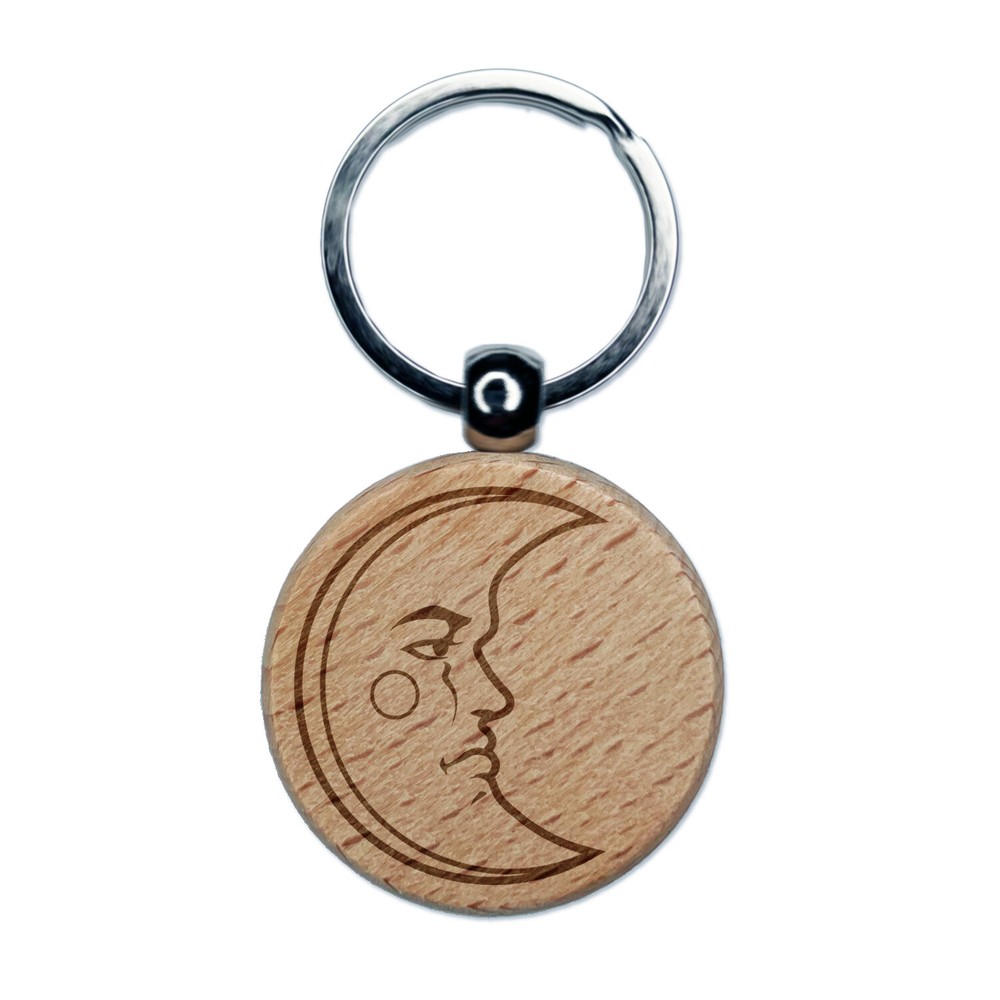 Heraldic Moon Face Engraved Wood Round Keychain Tag Charm