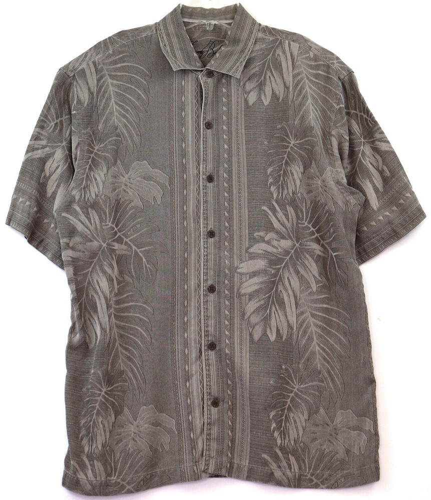 Tommy Bahama Hawaiian Camp Shirt Mens Large 100 Silk 3D Knit Palm Leaves Gray