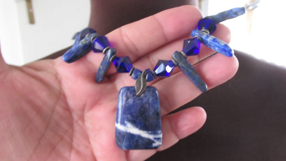 blue gemstone and blue bead necklace 20'' long