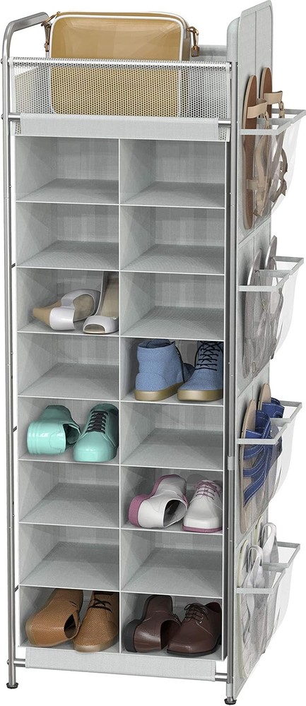 8-Tier Gray Shoe Rack with Top Shelf and Side Storage Pockets