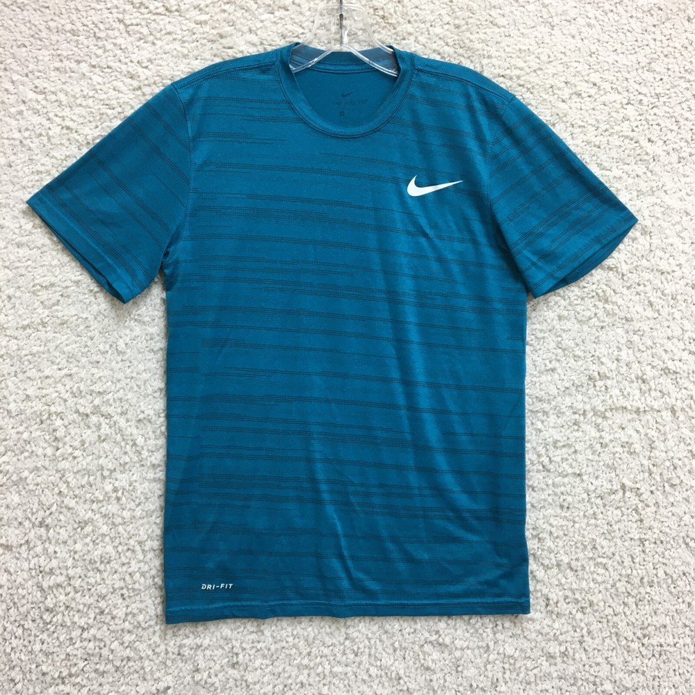 The Nike Tee Shirt Medium Adult Blue Striped Crew Neck Swoosh Short Sleeve Men M