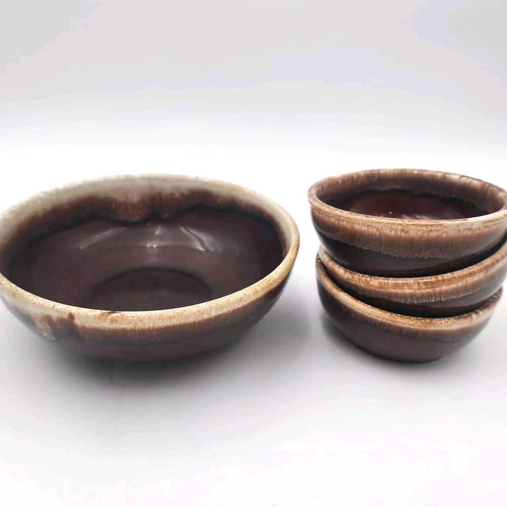 Kathy Kale Bowls Set Of 3 & 1 Large Bowl Brown Drip Glaze Stoneware Mid-Century