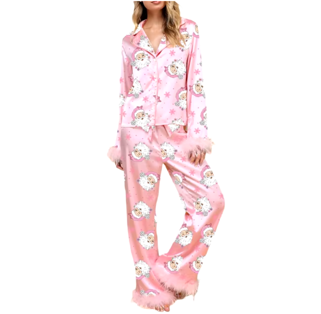 Light Pink Satin Santa Pajama Set – Long Sleeve Christmas Set