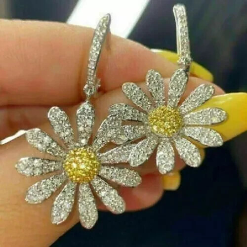 2Ct Round Lab Citrine Sunflower Dangle Earrings in 14k White Gold Plated