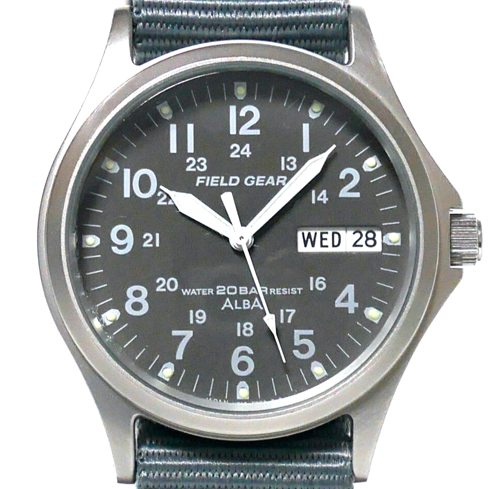SEIKO ALBA FIELD GEAR V743-8000 Military Watch 1996 Gray Luminous Day-Date Japan
