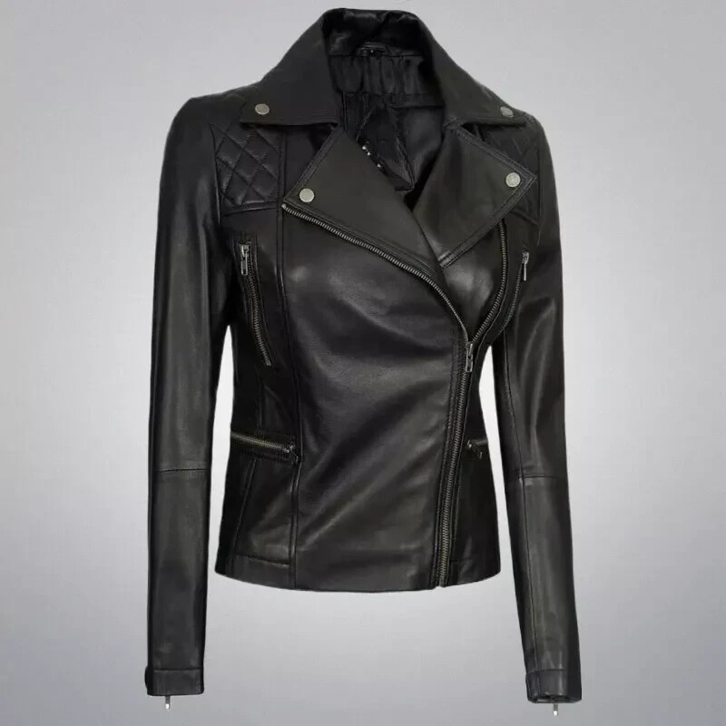Women's Real Leather Black Biker Lambskin Jacket Shoulder Quilted Classic Jacket