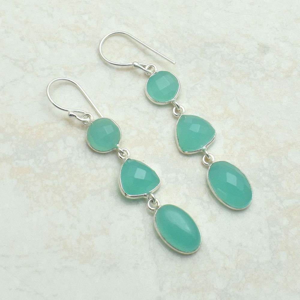 Aqua Chalcedony Handmade Drop Dangle Earrings Jewelry Gift 2.4 Inches AE-5072