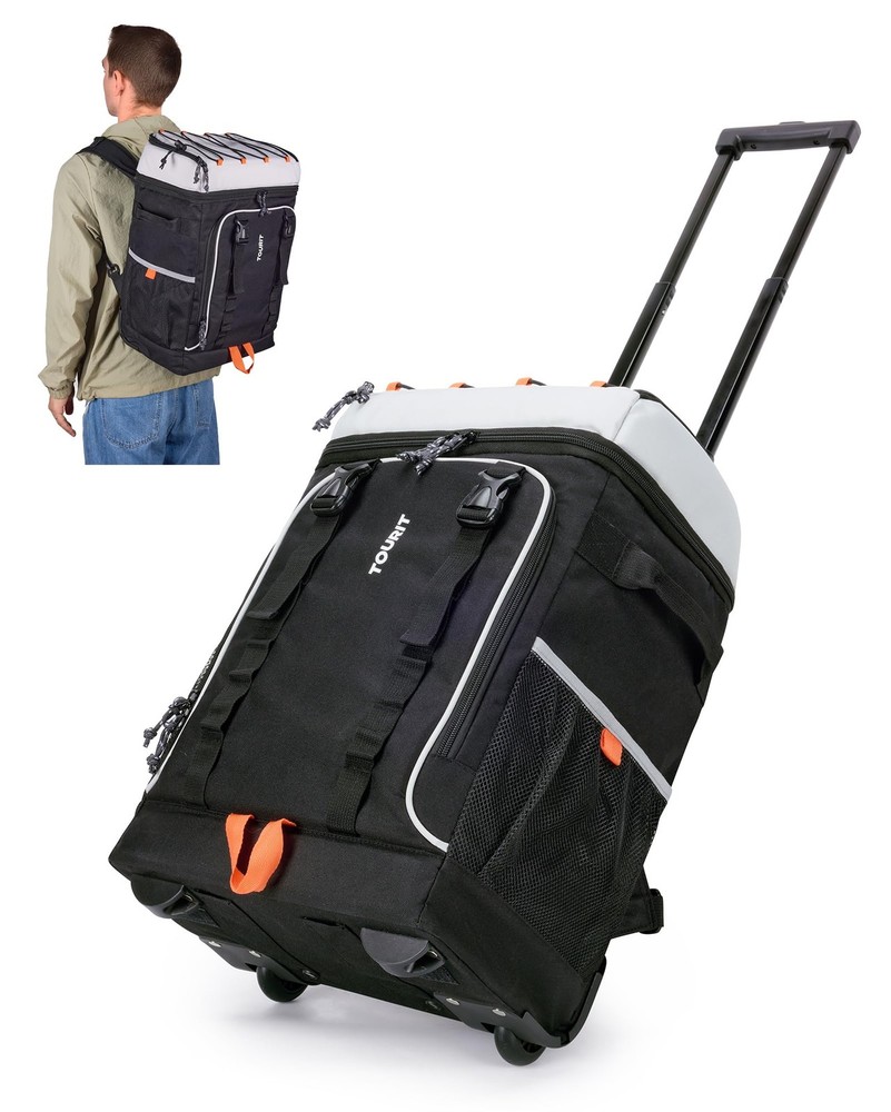 50-Can Rolling Cooler Backpack with Double Deck Storage & Dual-Bar Handle for Travel