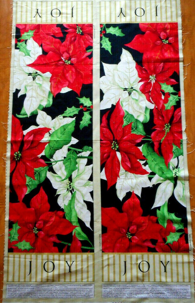 Cotton Fabric Panel Christmas Joy Table Runner Poinsettias Quilting Vtg #20 C
