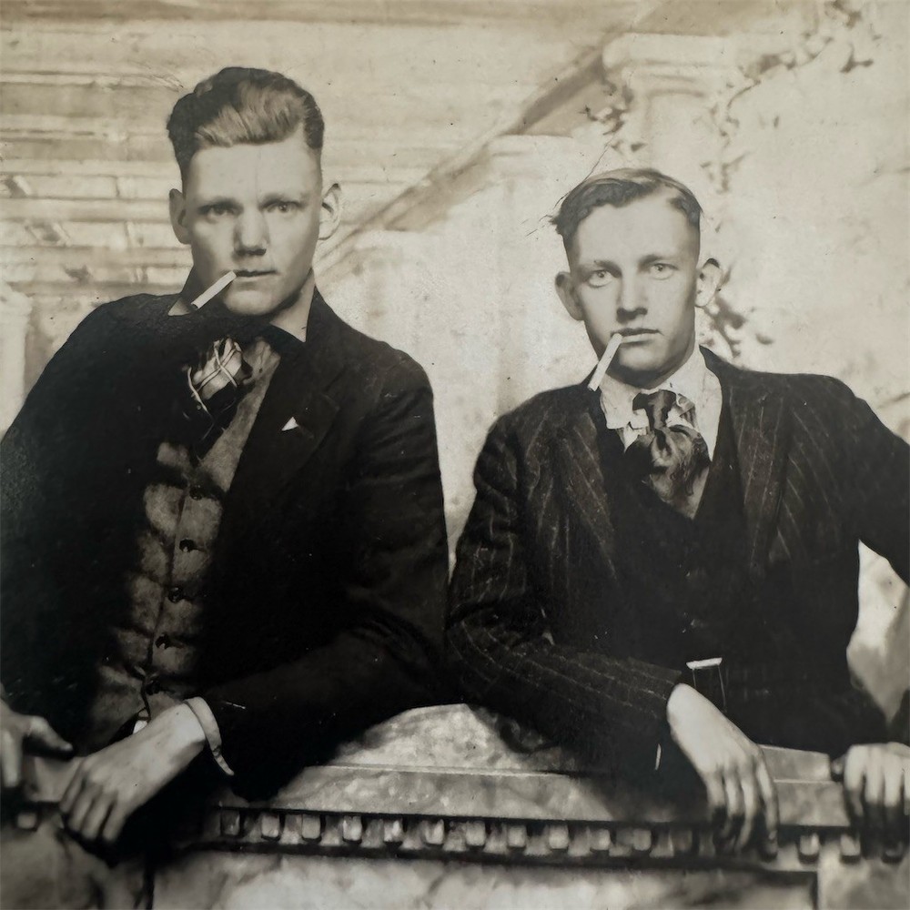 Antique RPPC Postcard Studio Portrait Two Young Men Smoking Posted