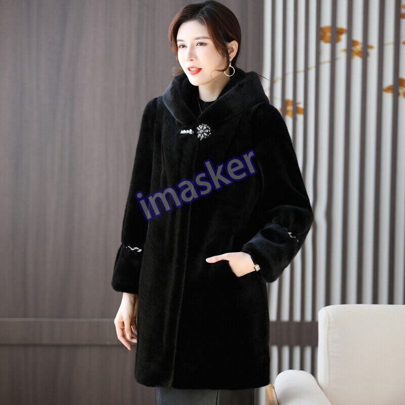 Winter Women's Real Mink Fur Hooded Long Coat with Lapel Collar