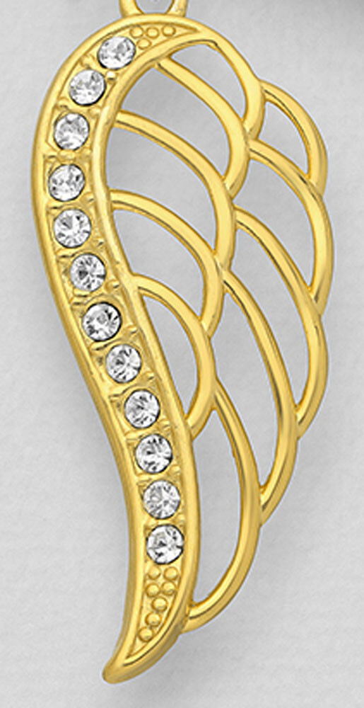 Sterling Silver 18K Gold Plated Angel Wing Pendant 1.85 Inch Vermeil