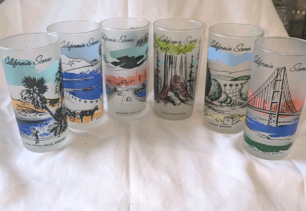 6 Vintage Glasses Frosted Libbey California Scenes Tall Highball Barware MCM