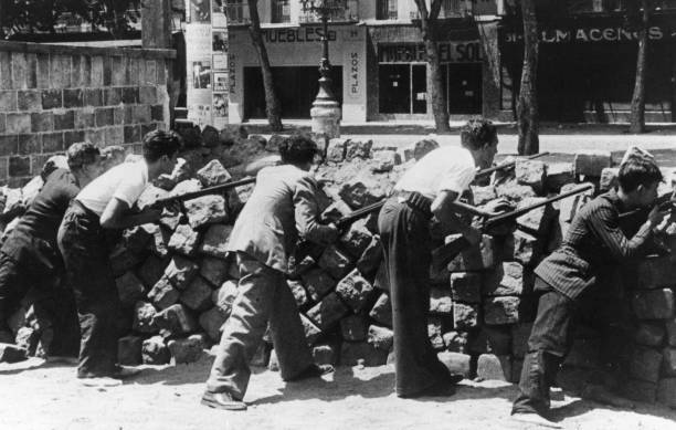 Civilians Man The Barricades Barcelona During The Civil War 1936 Old Photo