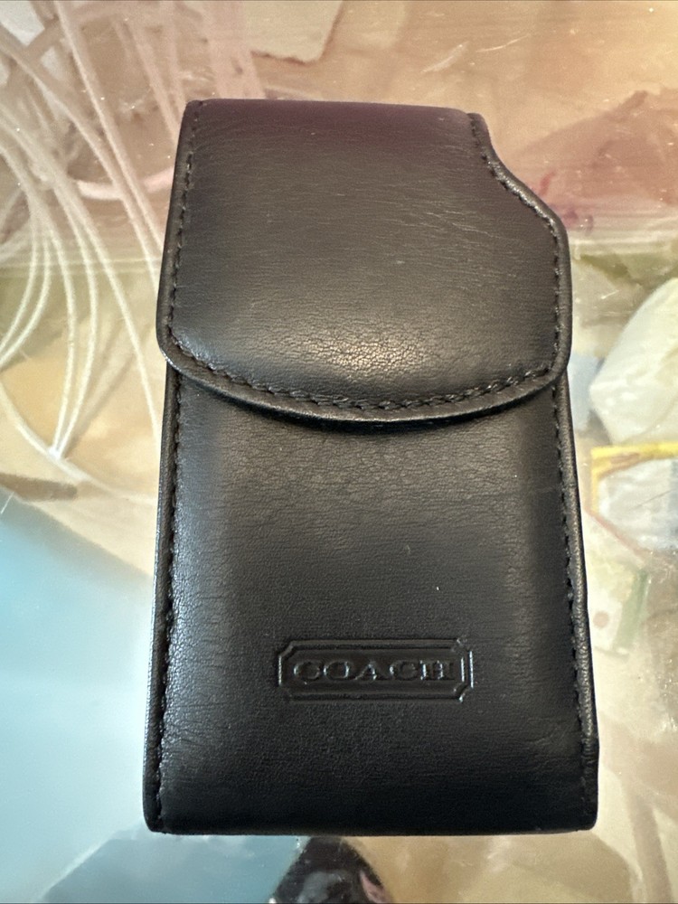 Coach Black Leather Flip Phone Carry Case - Belt loop + brass ring - Used