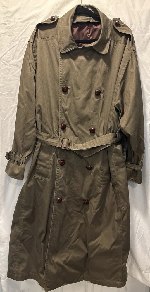London Fog Vintage Trench Coat Mens 42 Green With Belt And Brown Leather Buttons