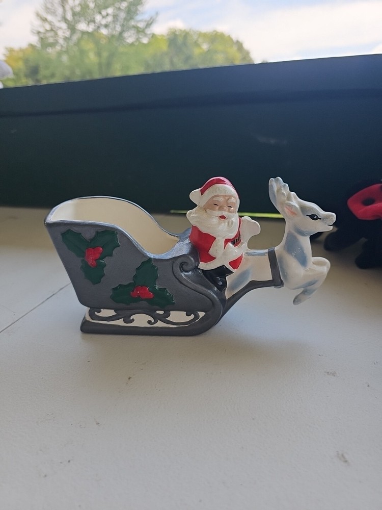 Vintage Christmas Santa Claus Reindeer Sleigh Candy Dish Figurine